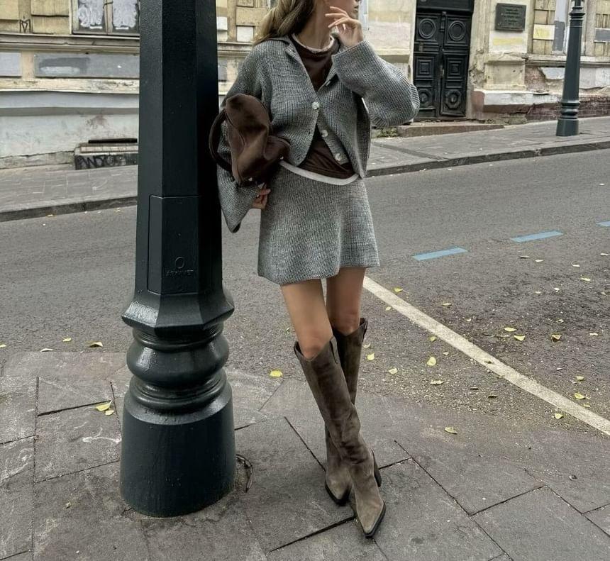 Set: Collared Plain Button Cardigan + High Waist Mini A-Line Skirt Product Image