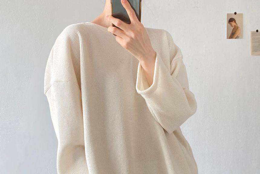 Set: Long-Sleeve Plain Loose-Fit Top + Elastic Waist Plain Pants Product Image