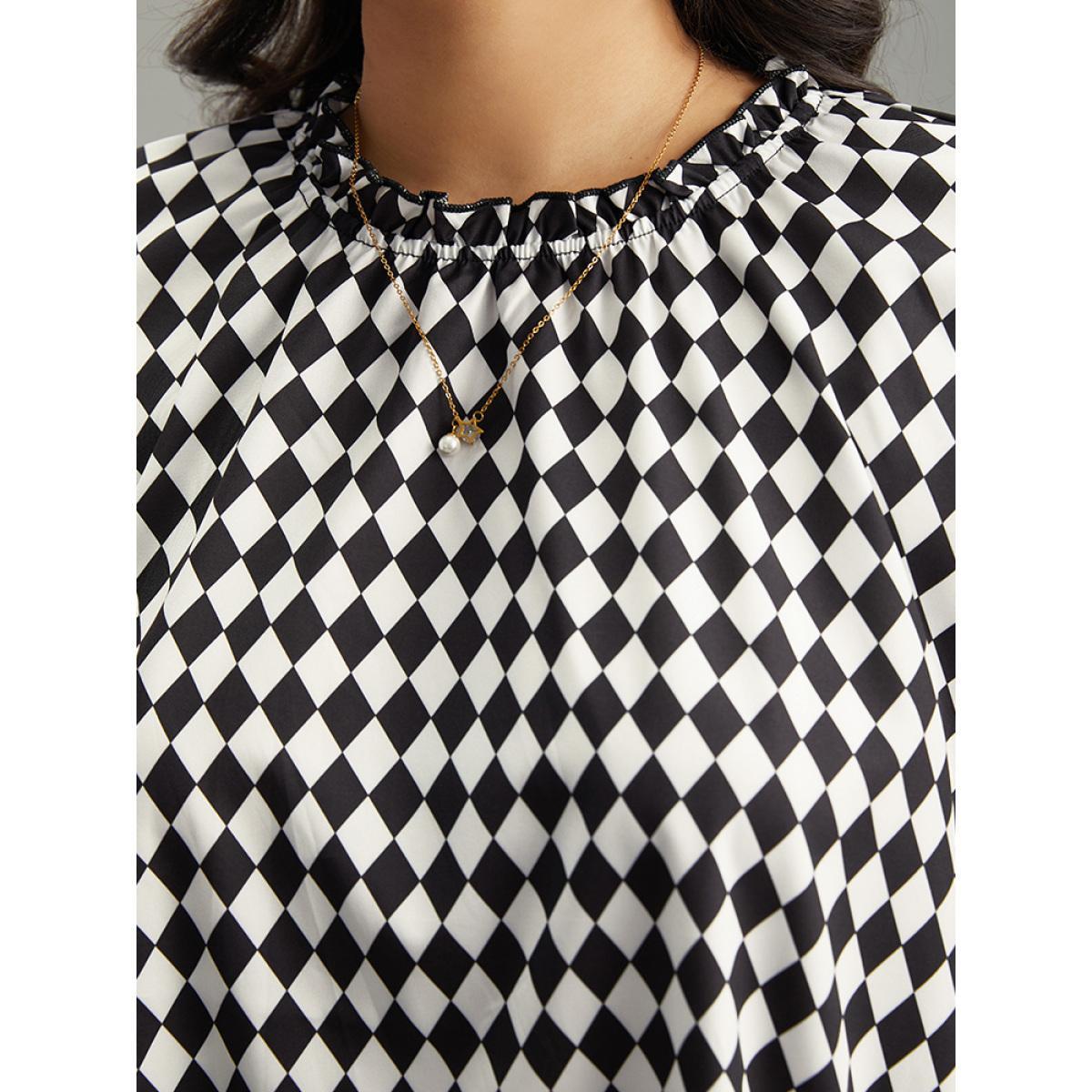 Plus Size Black Halloween Check Frill Trim Gathered Patchwork Blouse Women Elegant Long Sleeve Round Neck Dailywear Blouses BloomChic 28/5X Product Image