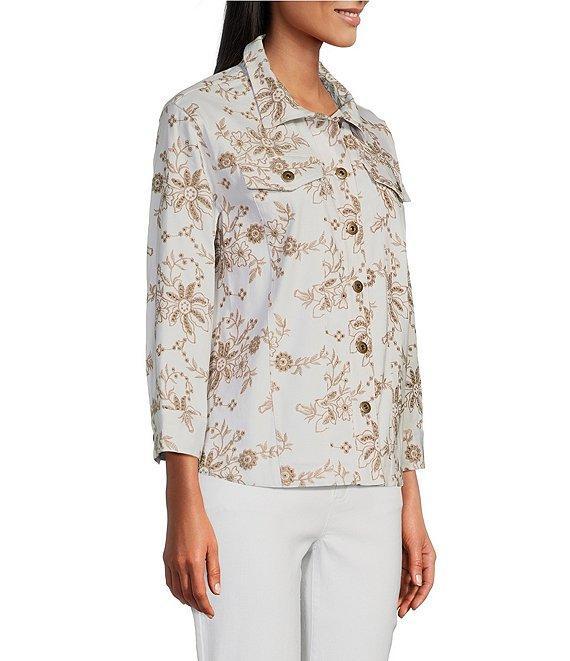 Multiples Allover Embroidery Point Collar 3/4 Sleeve Button-Front Twill Jacket Product Image