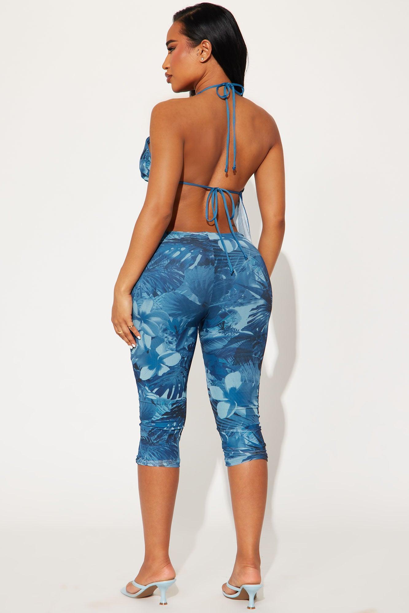 Cherry Blossom Floral Mesh Capri Set - Blue Product Image