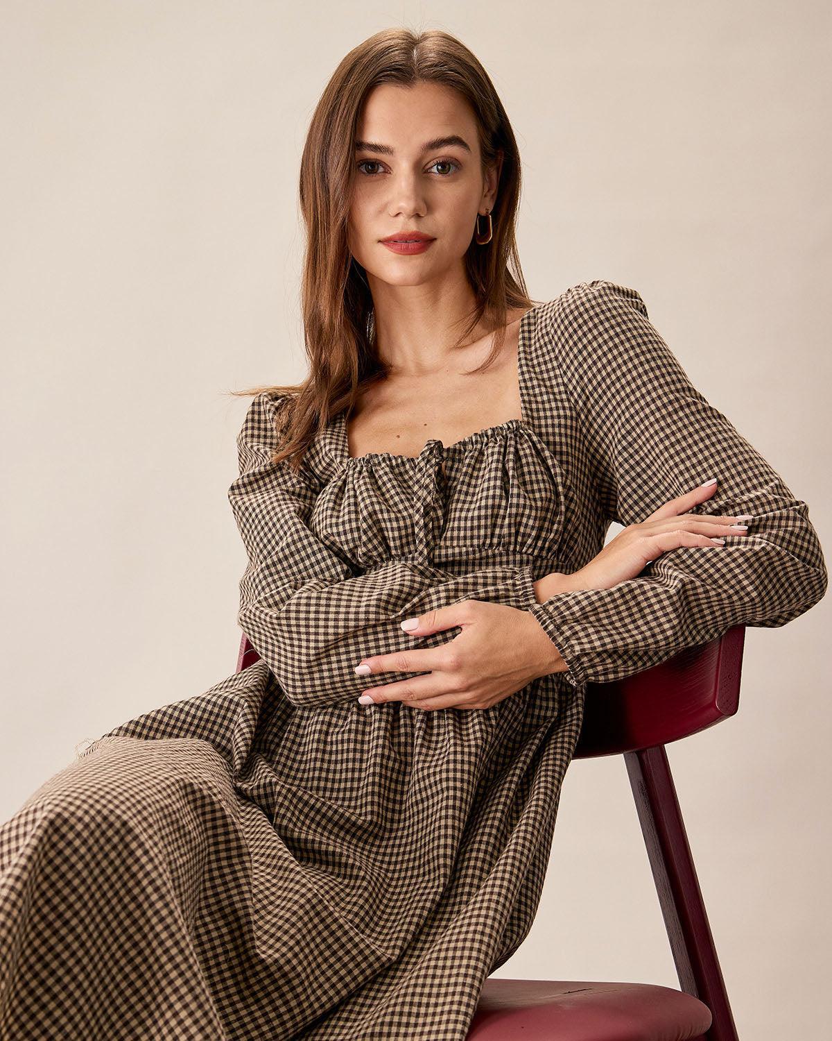 Brown Plaid Square Neck Ruched Midi Dress Product Image