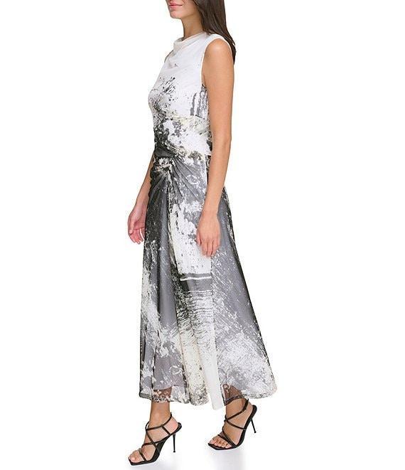 DKNY by Donna Karan Mesh Knit Cowl Neck Cap Sleeve Ruched Bodice A-Line Midi Dress Product Image