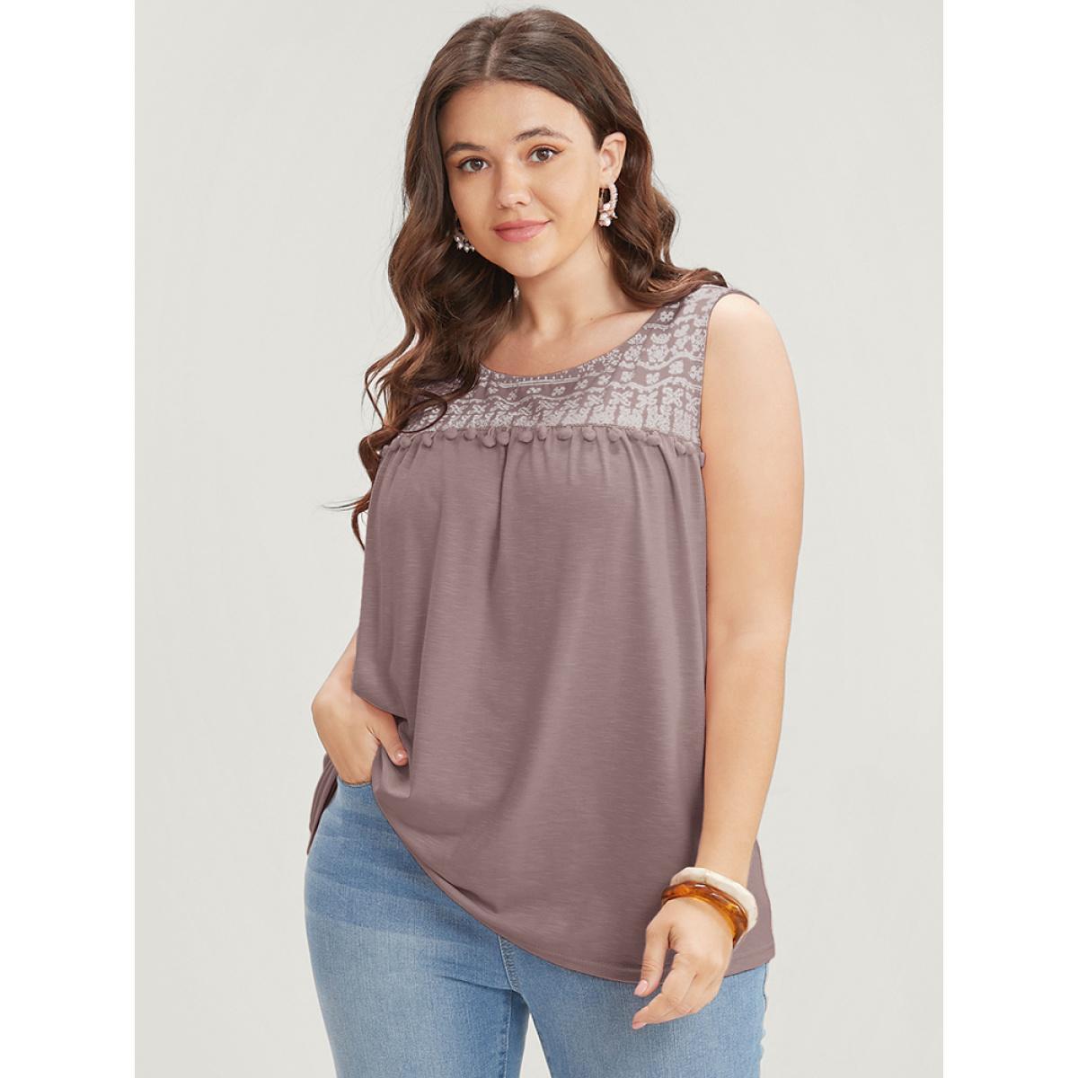 Plus Size Solid Patchwork Sleeveless Pompom Trim Tank Top Women Rouge Vacation Elastic Waist Round Neck Dailywear Tank Tops Camis BloomChic 30/6X Product Image
