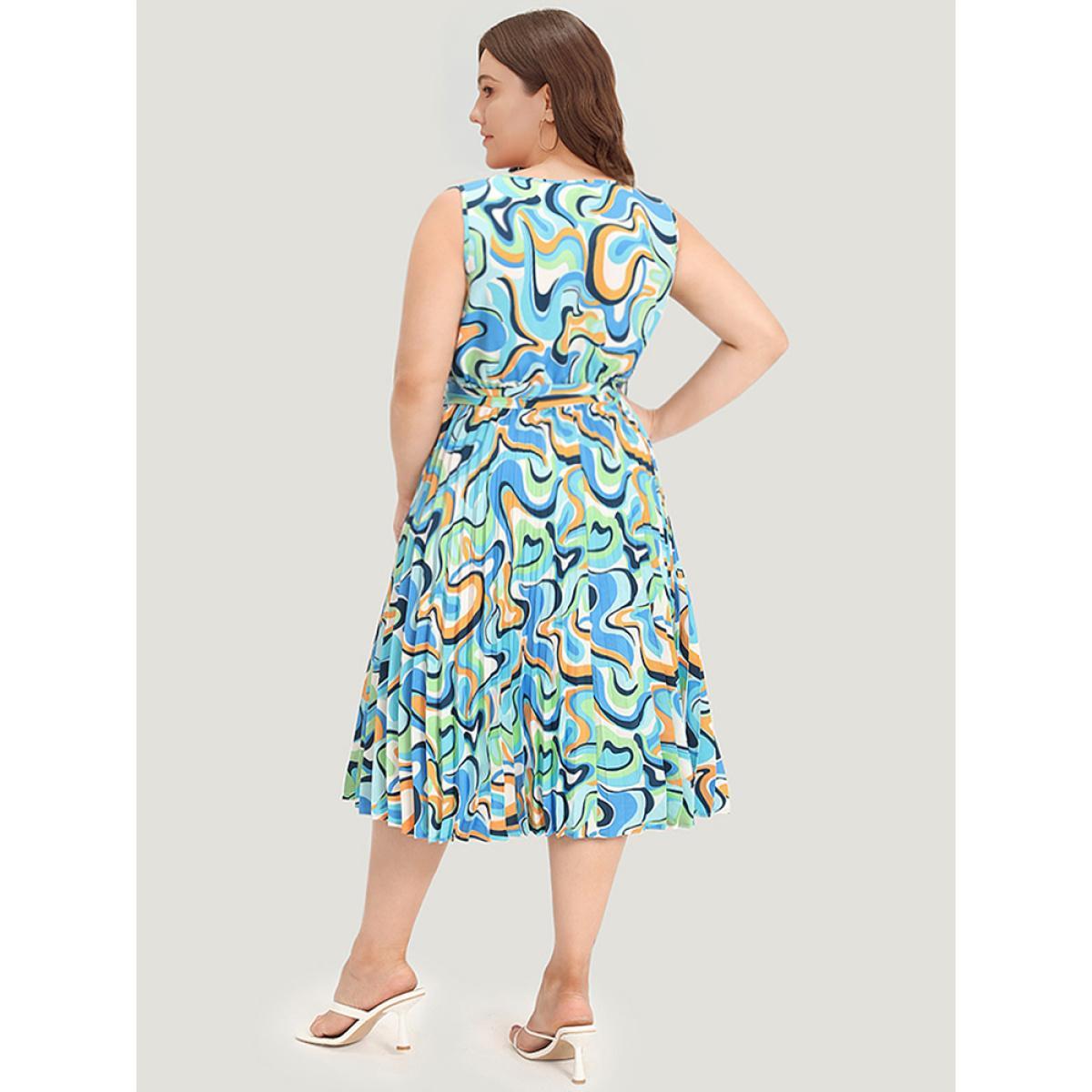 Plus Size Water Ripple Print V Neck Belted Plicated Detail Tank Dress Blue Women Elegant Belted V-neck Sleeveless Curvy Midi Dress BloomChic 18-20/2X Product Image