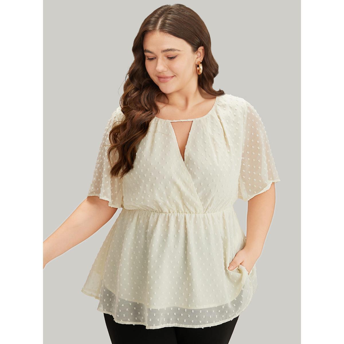 Plus Size Ivory Polka Dot Keyhole Mesh Gathered Flutter Sleeve Blouse Women Office Short sleeve V-neck Work Blouses BloomChic 10/M Product Image