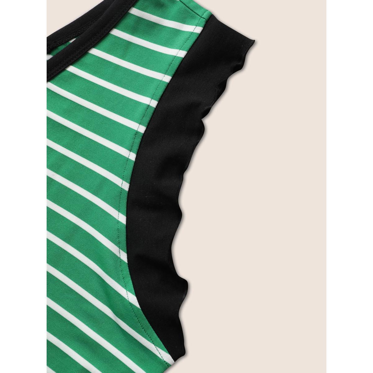 Plus Size Striped Contrast Trim Belted Tank Dress Malachitegreen Women Casual Belted V-neck Sleeveless Curvy BloomChic 14-16/1X Product Image