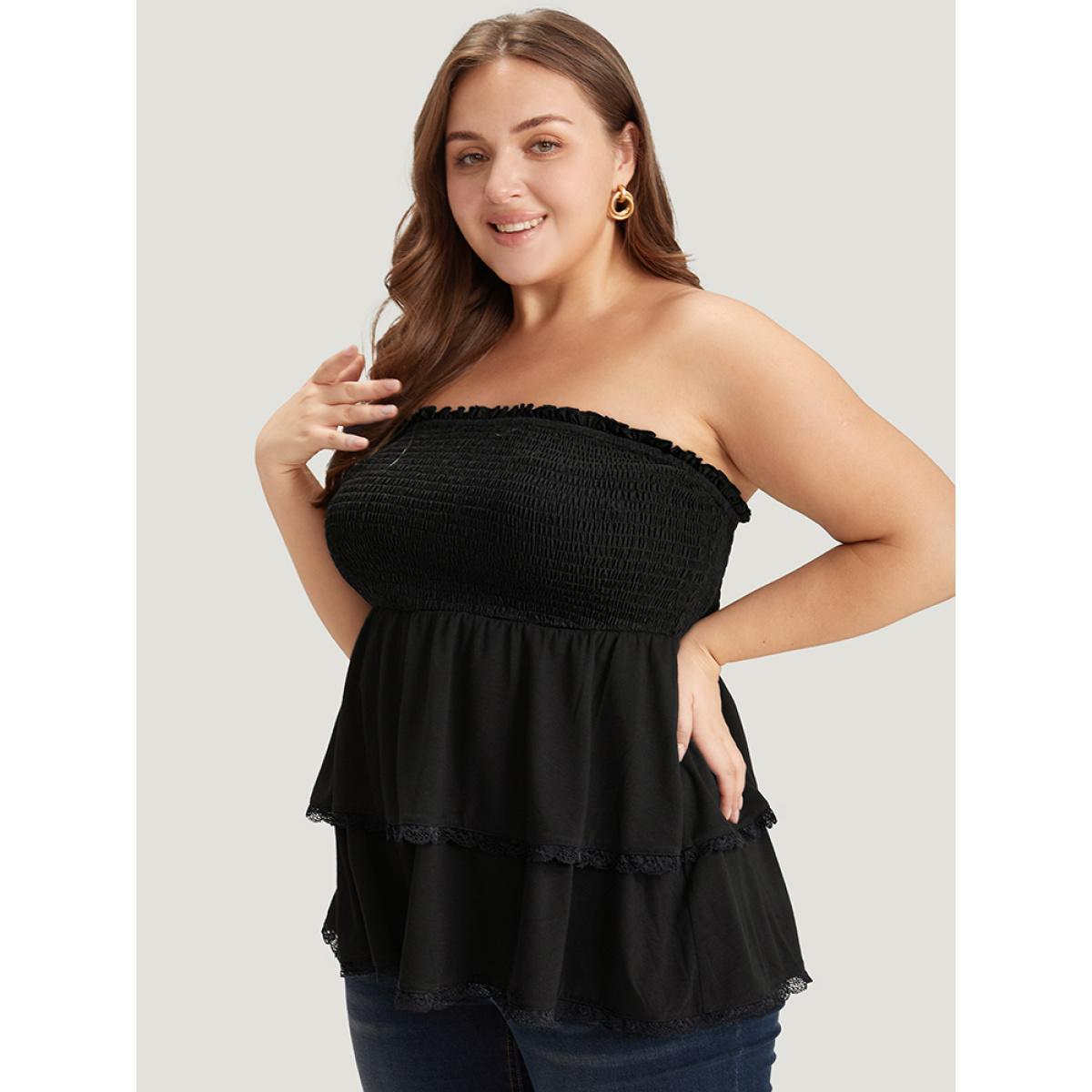 Plus Size Solid Frill Trim Shirred Lace Ruffle Layered Tank Top Women Black Elegant Frill Trim One-shoulder neck Dailywear Tank Tops Camis BloomChic 12/L Product Image