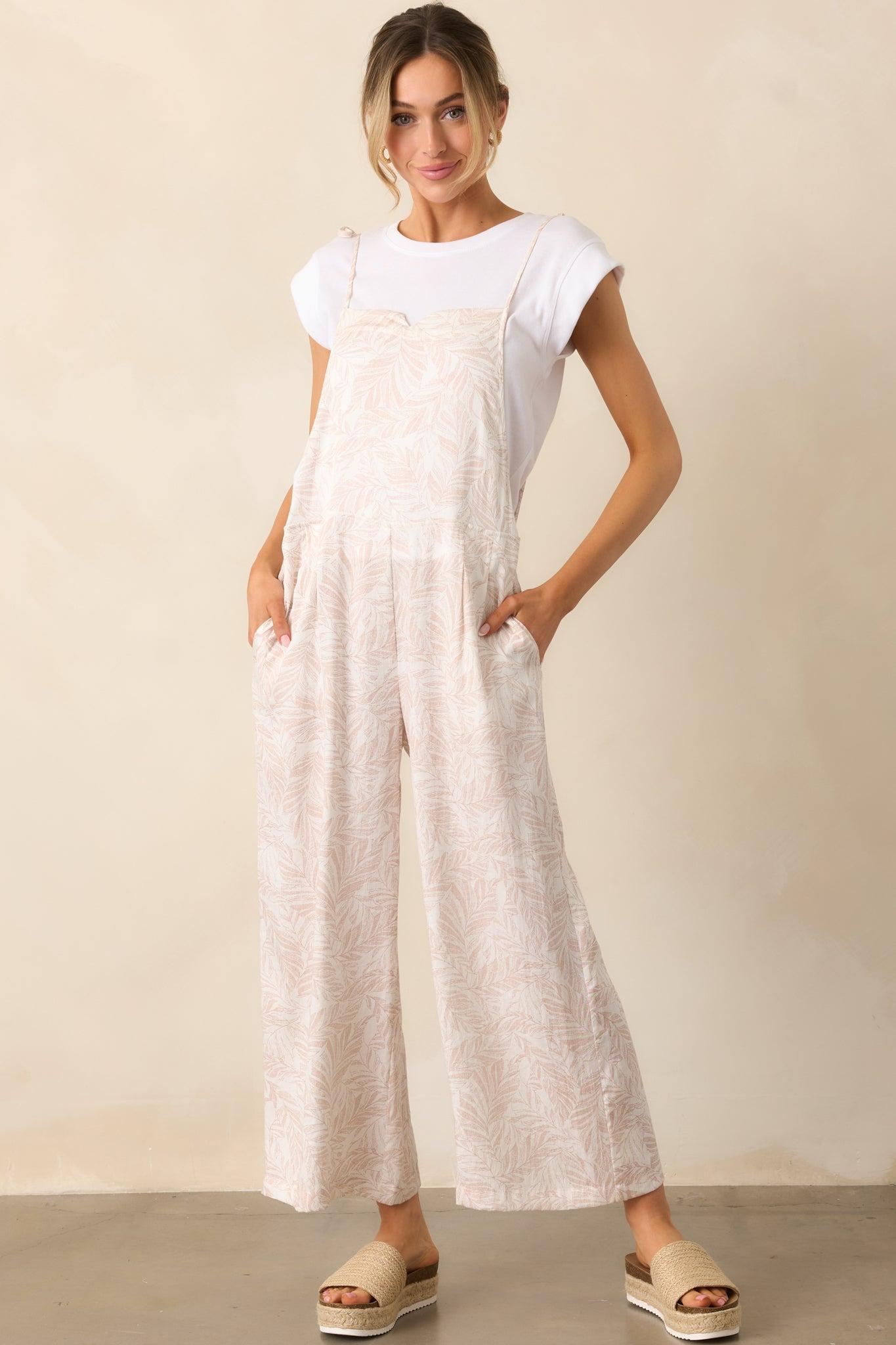 Palm Escape Natural Tropical Print Overalls Product Image