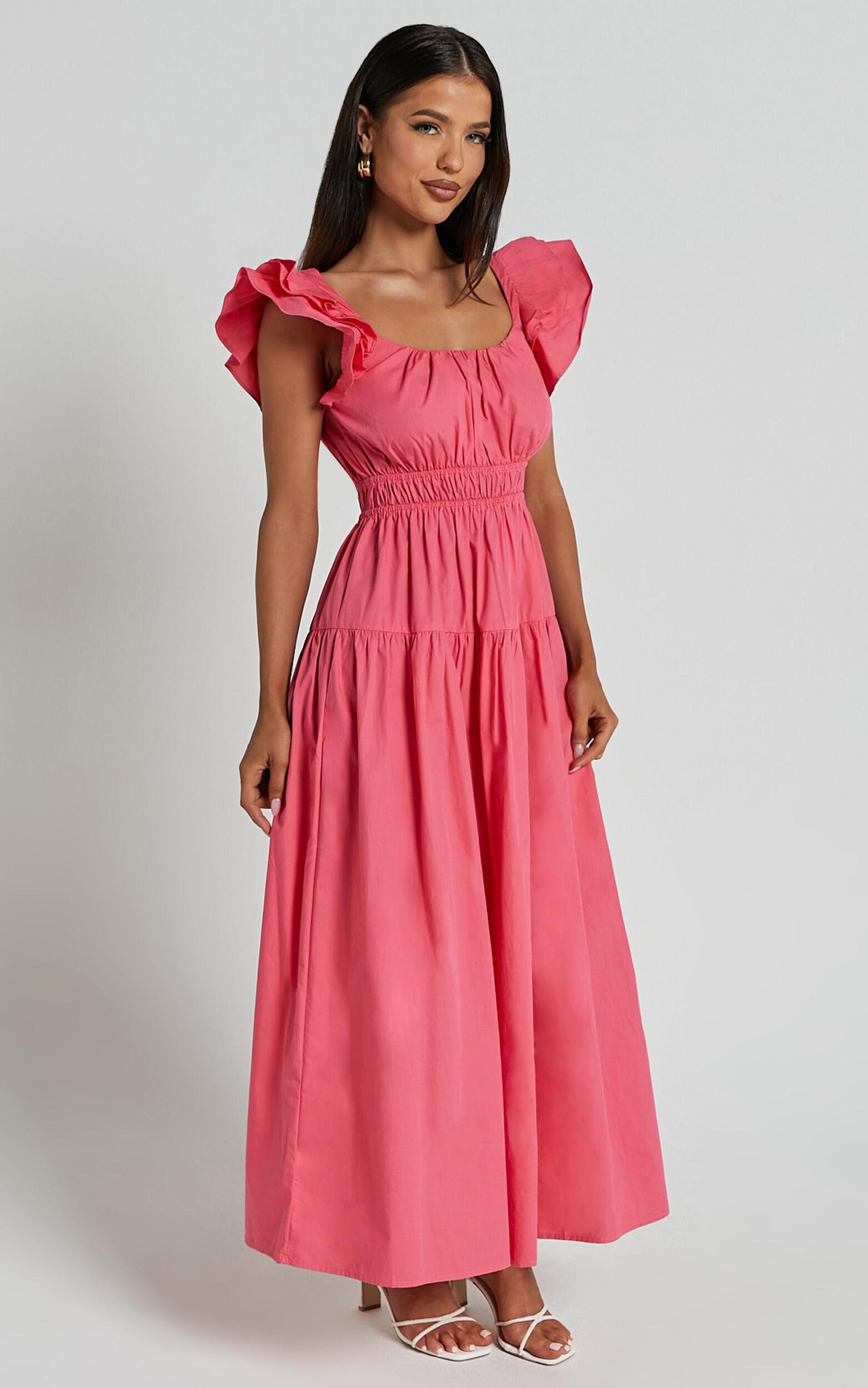 Arlene Midi Dress - Square Neck Shoulder Frill Tiered Dress in Berry Product Image