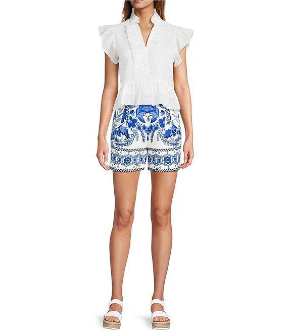 A Loves A Woven Floral Border Placement Print Linen Blend High Rise Pleated Front Trouser Shorts Product Image
