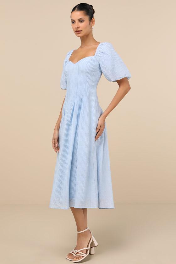 Heavenly Energy Blue Textured Puff Sleeve Pleated Midi Dress Product Image