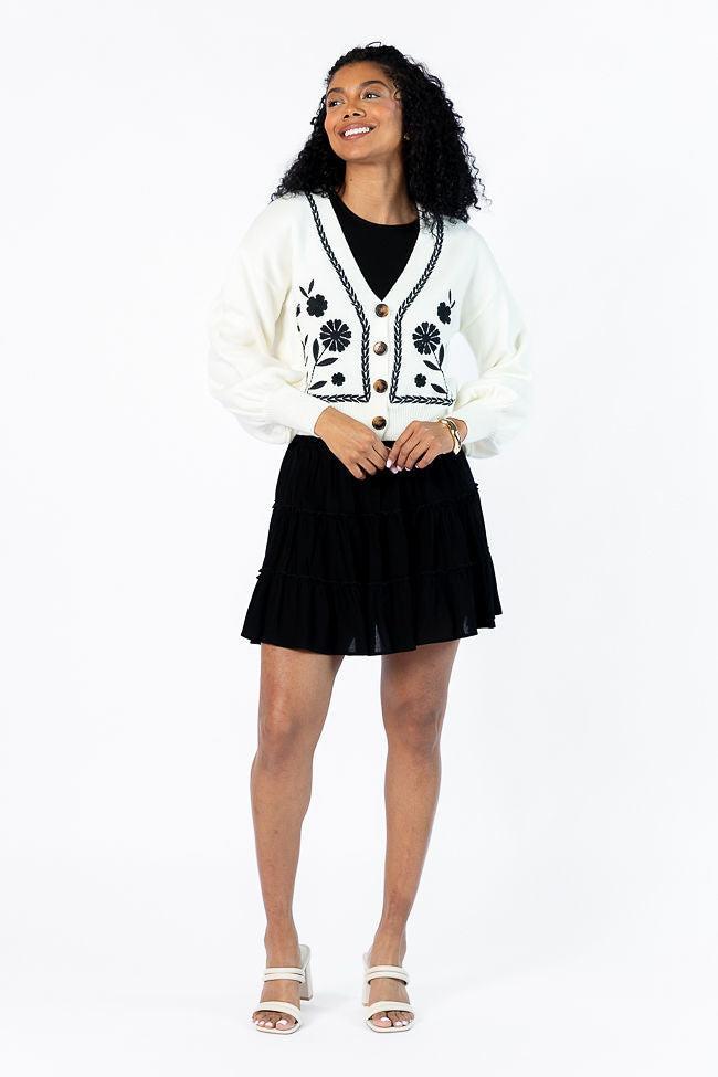 Bloom With Grace Ivory and Black Floral Embroidered Cardigan SALE Product Image