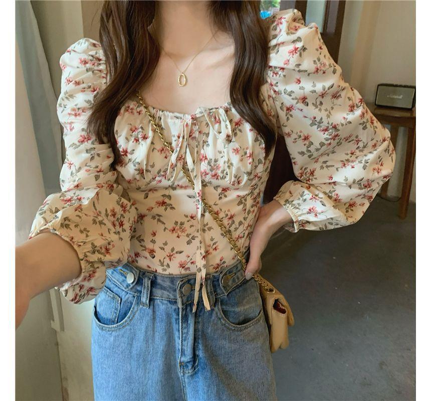 Long-Sleeve Square Neck Floral Top Product Image