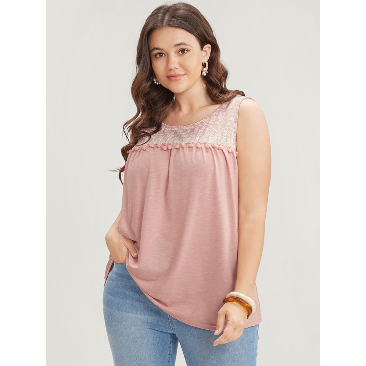 Plus Size Solid Patchwork Sleeveless Pompom Trim Tank Top Women Crepe Vacation Elastic Waist Round Neck Dailywear Tank Tops Camis BloomChic 12/L Product Image