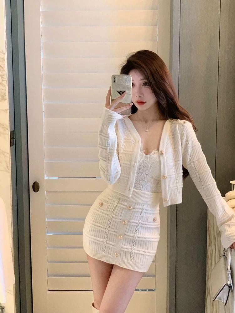 Set: V-Neck Plain Cardigan + High Rise Button Knit Mini Pencil Skirt Product Image