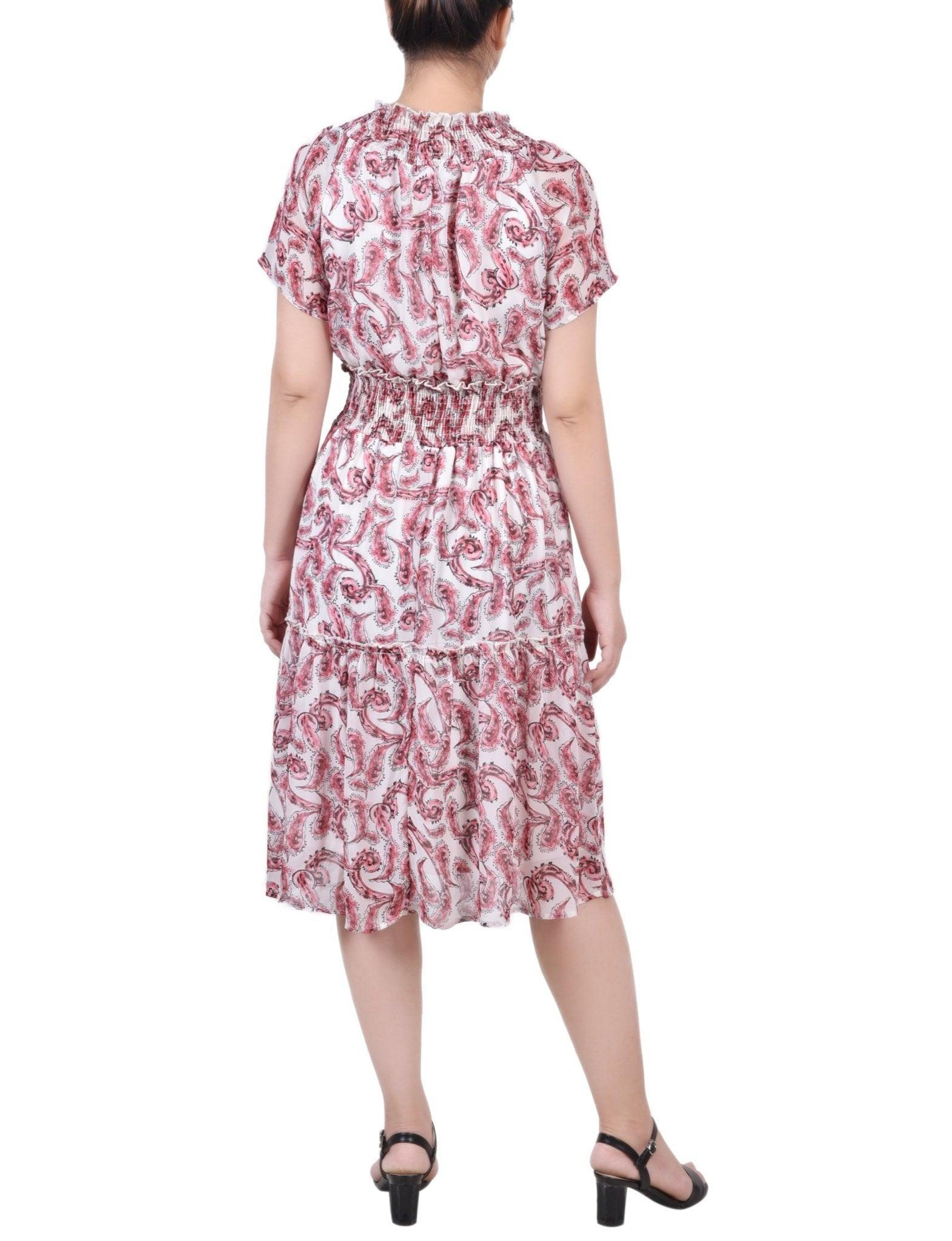 Burgundy Paisley Floral Short Sleeve Smocked Waist Dress - Petite Product Image