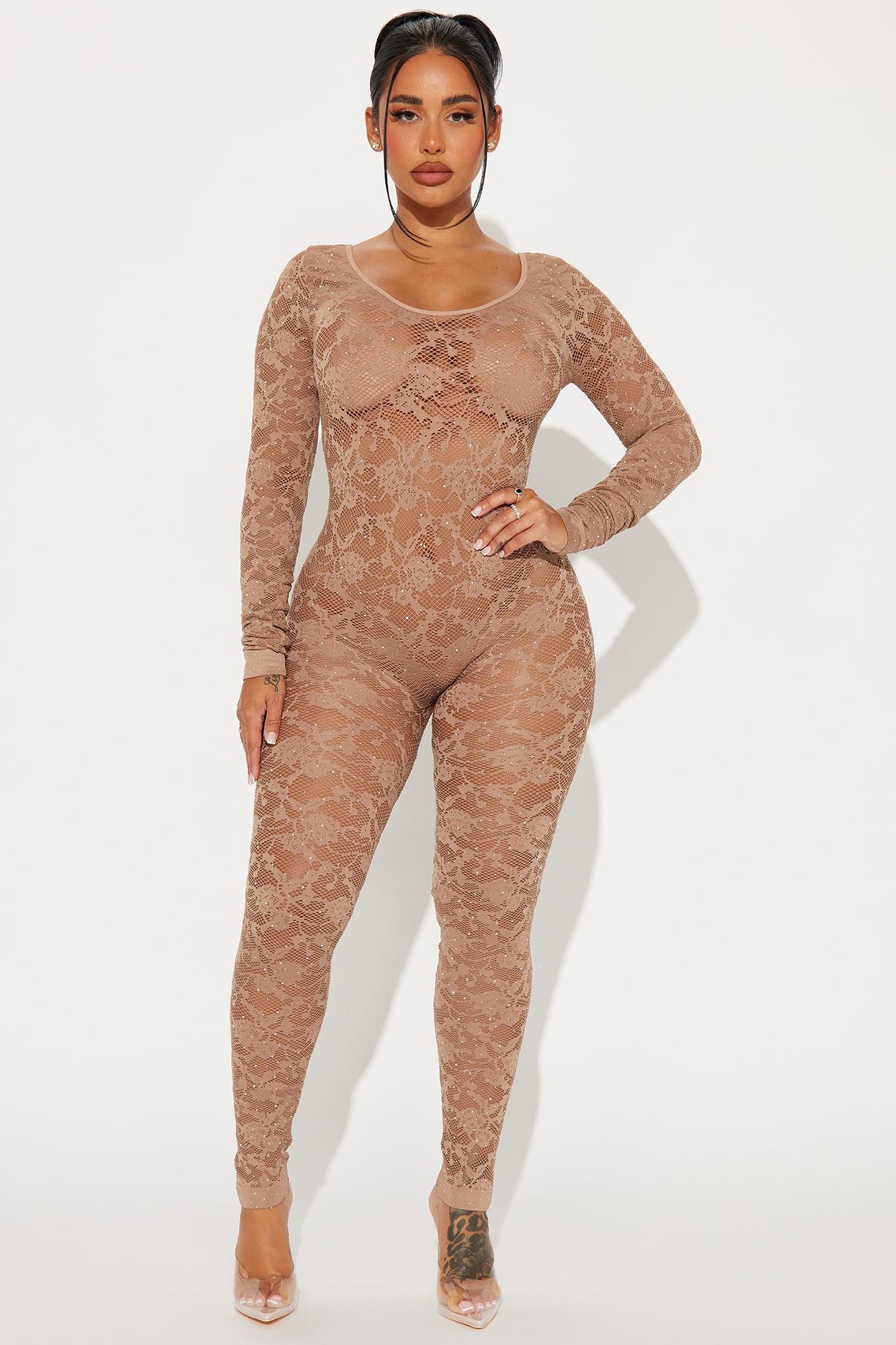 With Amor Embellished Seamless Jumpsuit - Brown Product Image