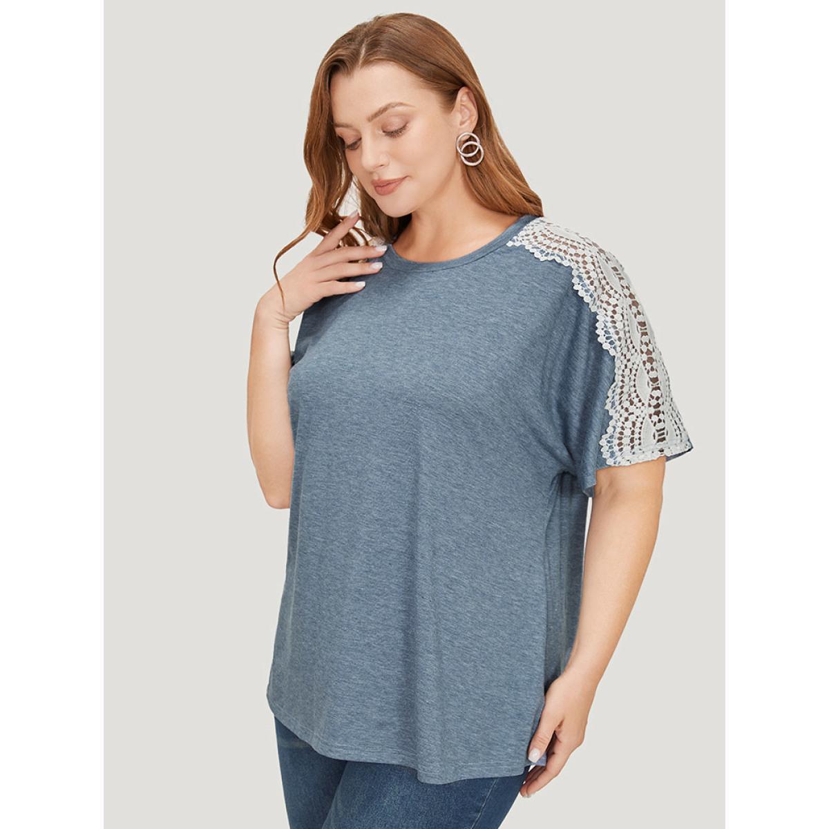 Plus Size Solid Contrast Lace Heather T-shirt Stone Women Elegant Heather Plain Round Neck Dailywear T-shirts BloomChic 22-24/3X Product Image