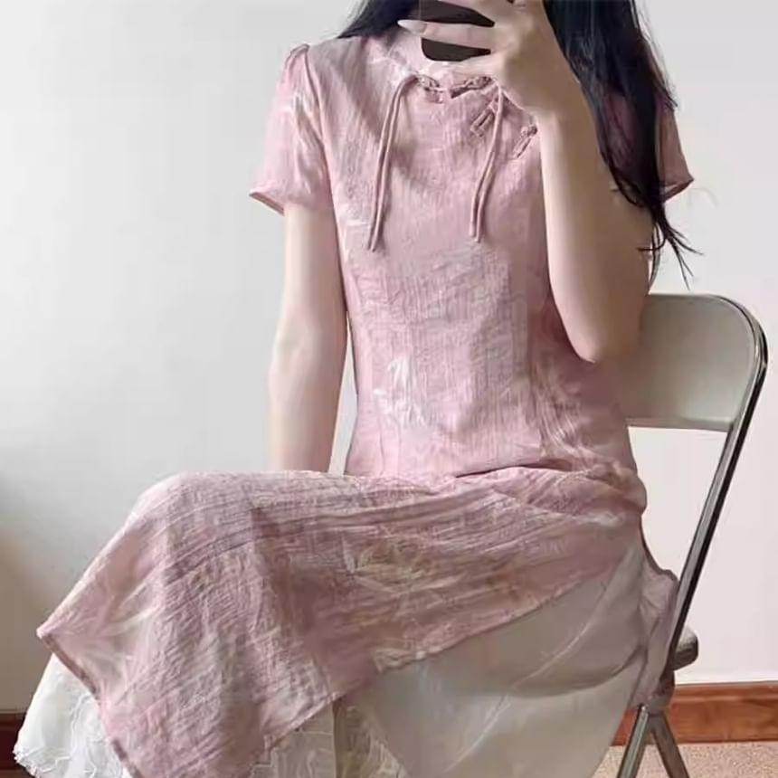 Short-Sleeve Frog Buttoned Two Tone Modified Hanfu Two Tone Midi A-Line Dress Product Image