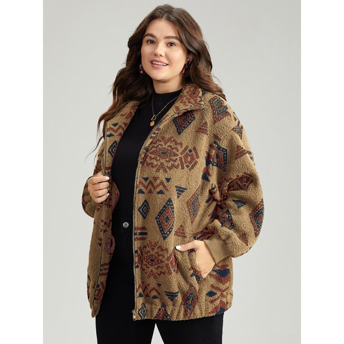 Plus Size Geometric Pocket Gathered Zipper Jacket Women Bronze Zipper Pocket Dailywear Jackets BloomChic 14-16/1X Product Image