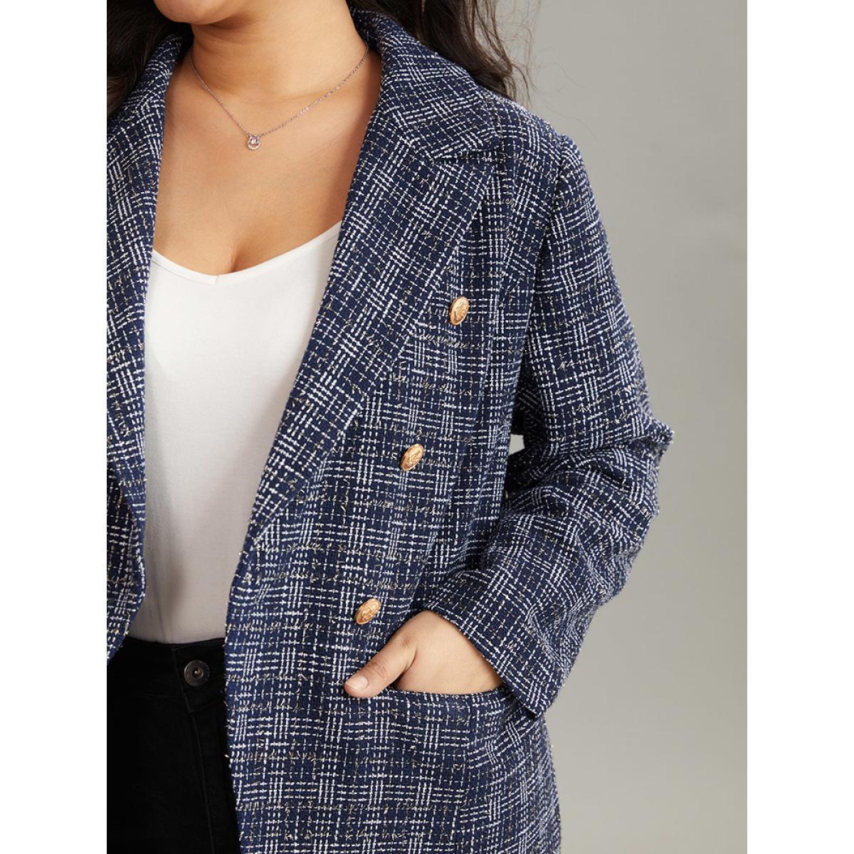 Plus Size Tweed Plaid Suit Collar Metal Detail Blazer Indigo Women Dailywear Plaid Lined Sleeve Long Sleeve Suit Collar 22-24/3X Pocket Casual Blazers BloomChic Product Image