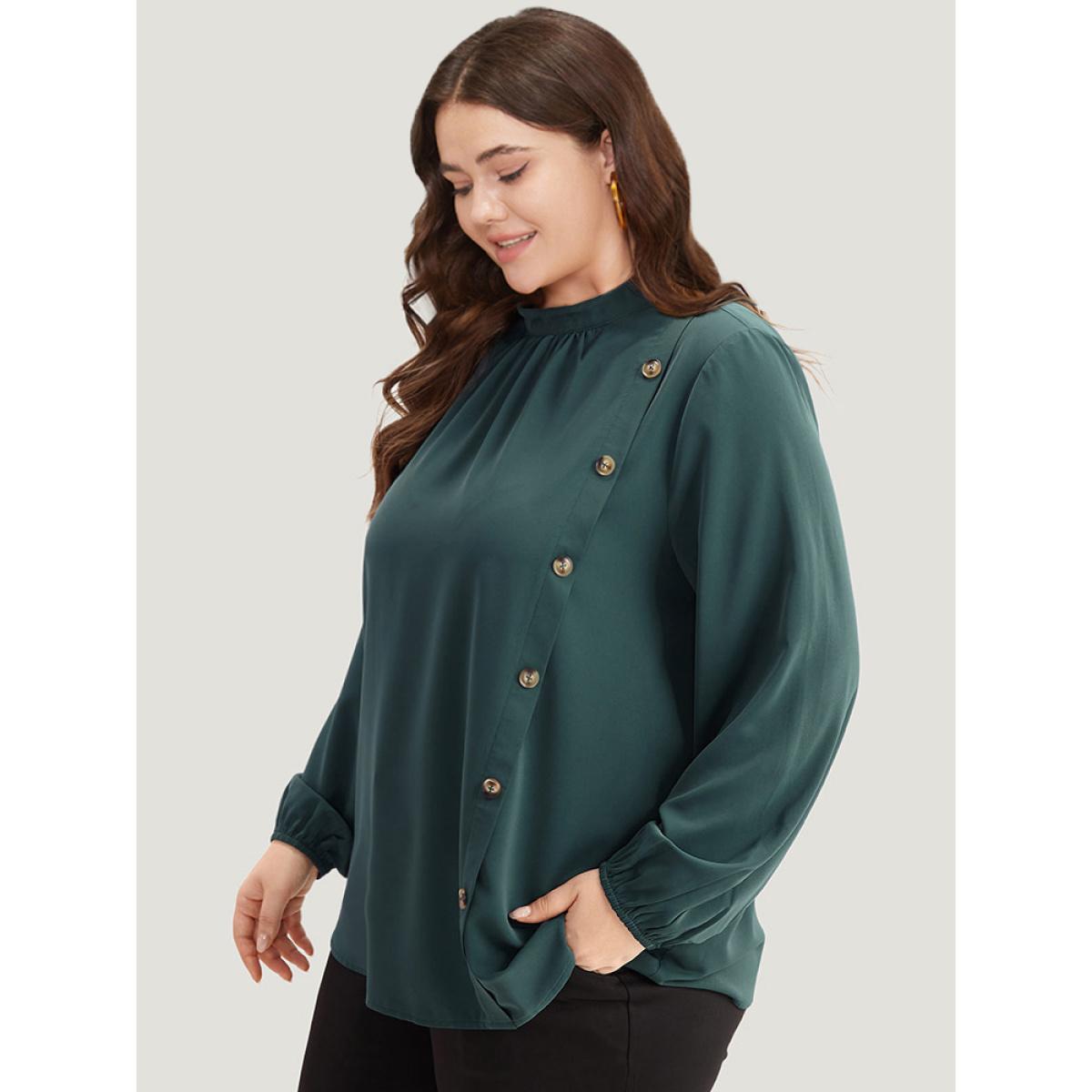 Plus Size Cyan Anti-Wrinkle Asymmetrical Button Gathered Blouse Women Office Long Sleeve Round Neck Work Blouses BloomChic 28/5X Product Image