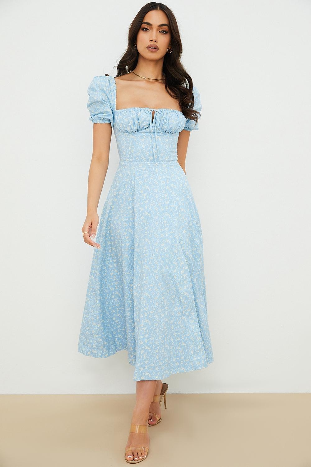 Tallulah Blue Ivory Floral Puff Sleeve Midi Dress Product Image
