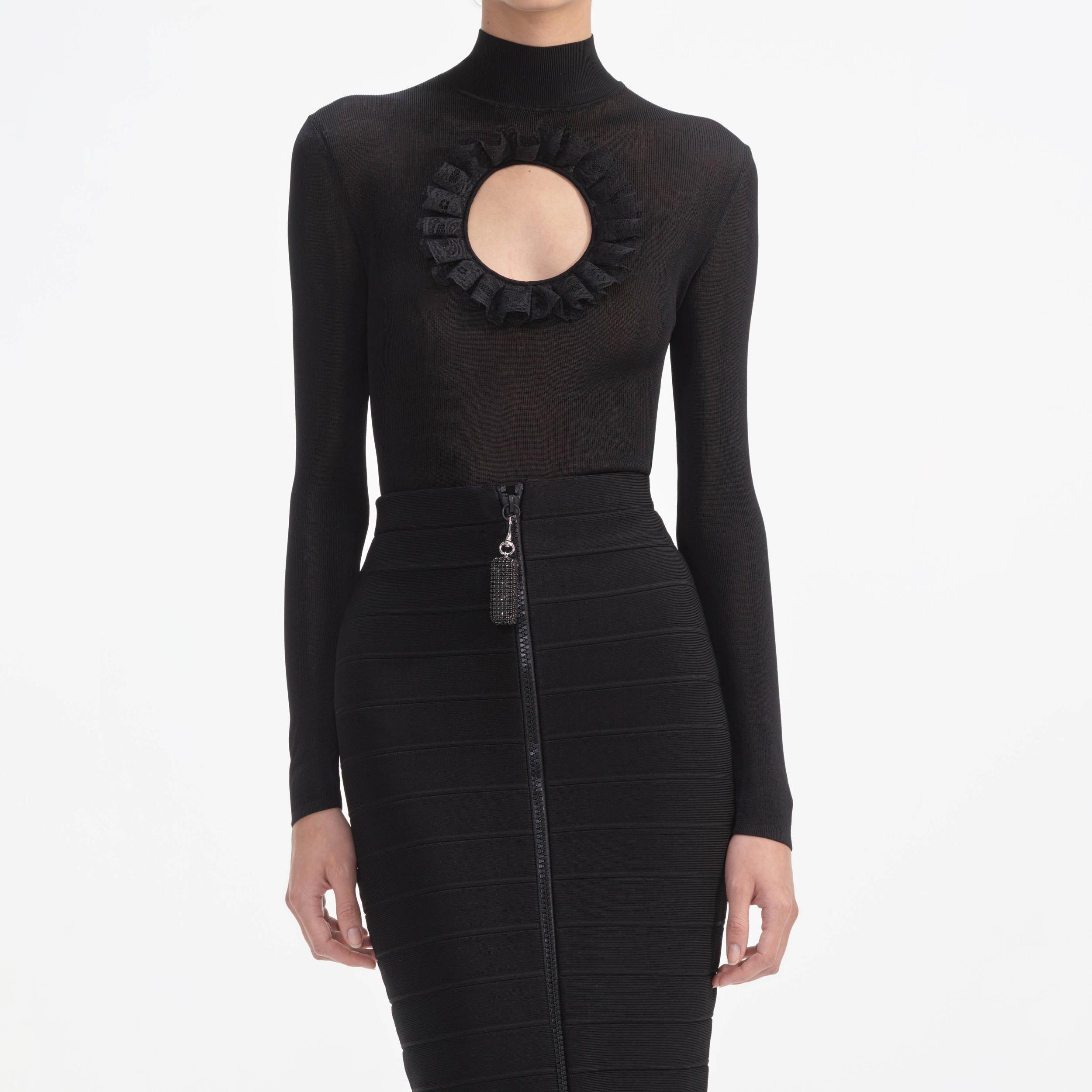 Black Ruffle Knit Midi Skirt Product Image