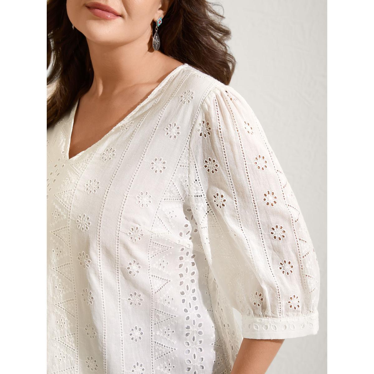Plus Size WhiteSmoke Cotton Eyelet Embroidery V-Neck Blouse Women Elbow-length sleeve V-neck Vacation Blouses BloomChic 10/M Product Image