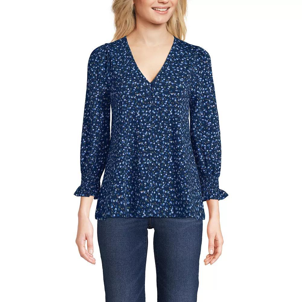 Petite Lands' End 3/4 Sleeve Lightweight Jersey Button Front Top, Women's, Size: Small Petite, Deep Green Product Image