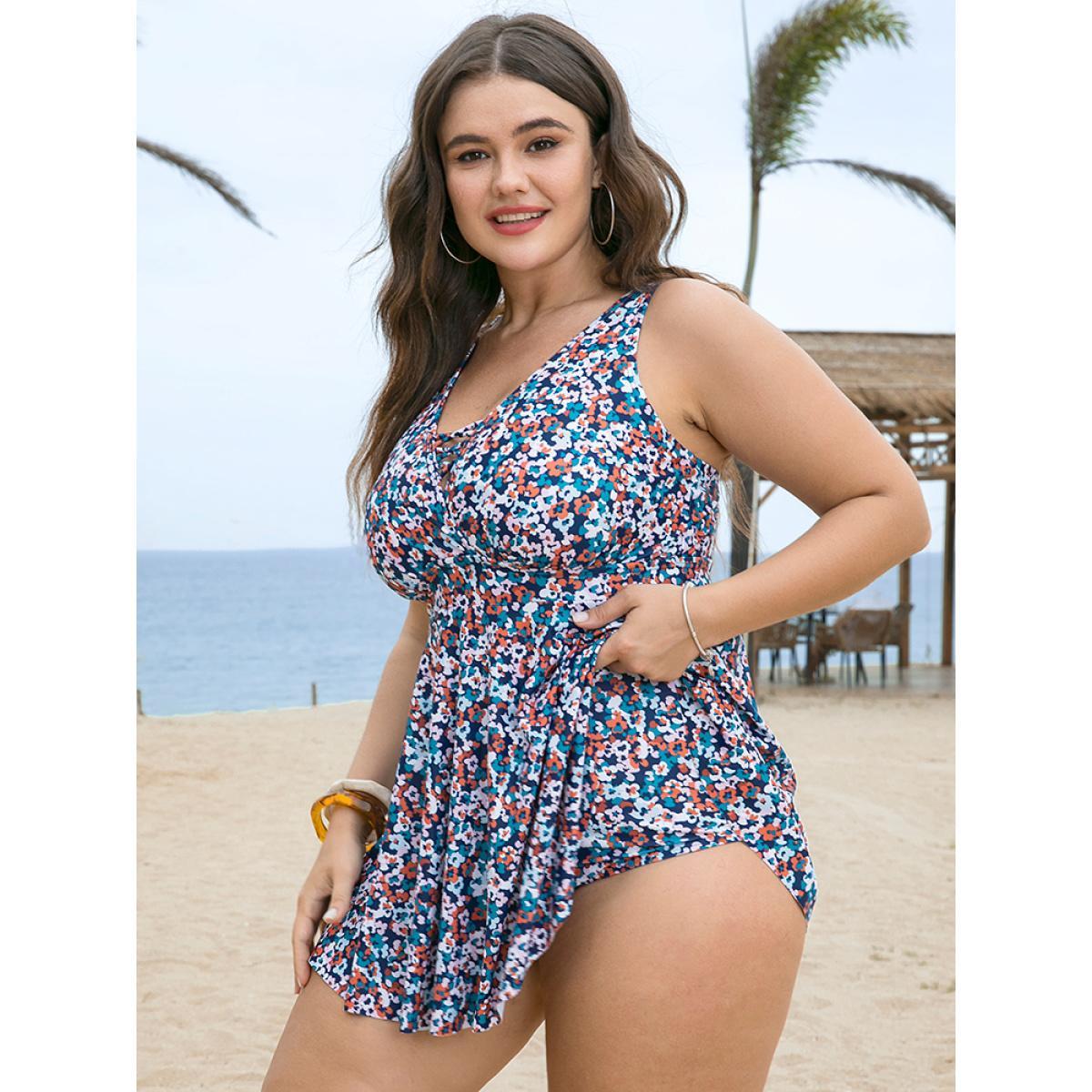 Plus Size Ditsy Floral Wrap Crisscross Swim Dress Women's Swimwear Blue Vacation Bodycon V-neck High stretch Curve Swim Dresses BloomChic 30/6X Product Image
