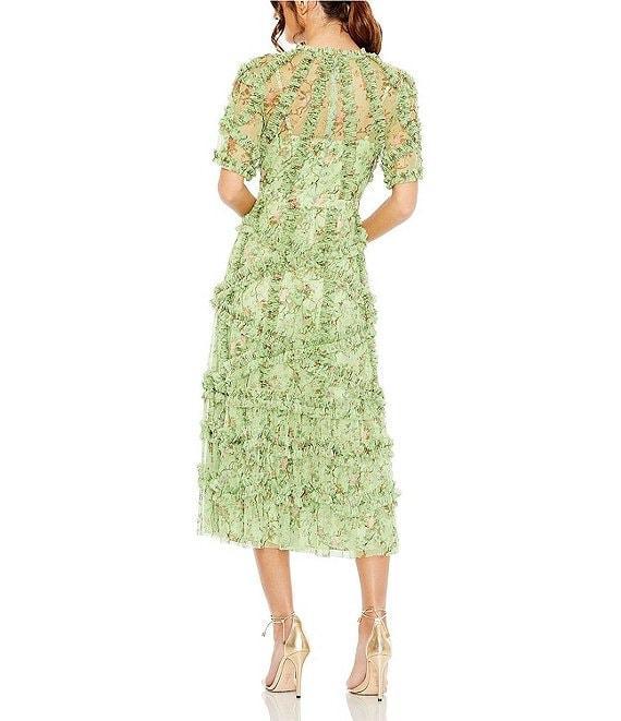 Mac Duggal Floral Print Ruffle Embellished Short Flutter Sleeve Crew Neck Midi Dress Product Image