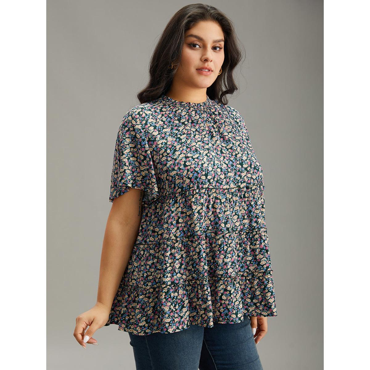 Plus Size DarkGreen Ditsy Floral Frill Trim Shirred Mock Neck Blouse Women Elegant Short sleeve Halter neck Dailywear Blouses BloomChic 30/6X Product Image