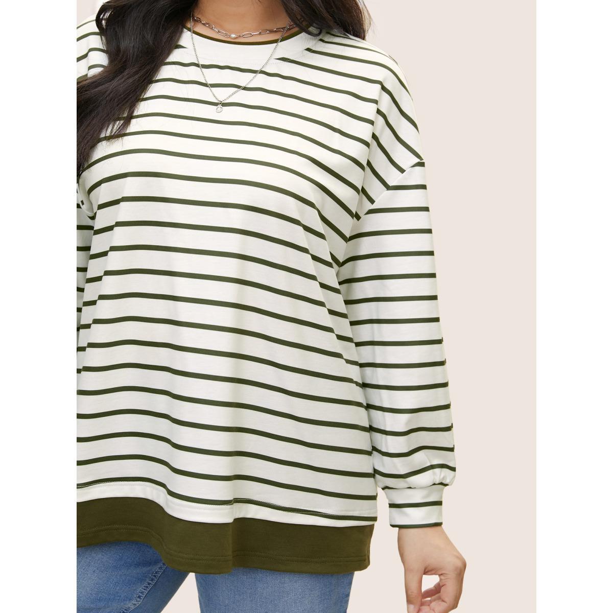 Plus Size 2-In-1 Contrast Striped Patchwork Sweatshirt Women ArmyGreen Casual Contrast Round Neck Everyday Sweatshirts BloomChic 10/M Product Image
