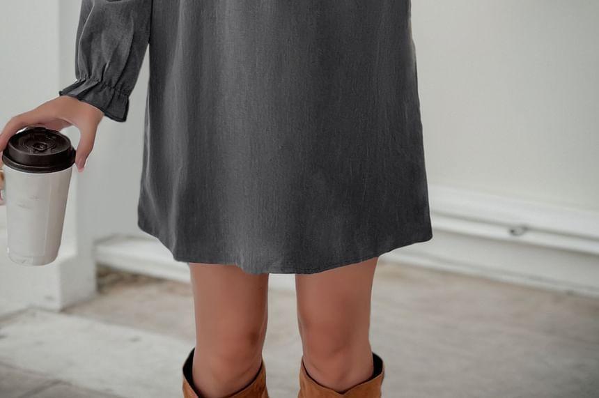 Long-Sleeve V-Neck Plain Ruffle Trim Mini Shift Dress Product Image