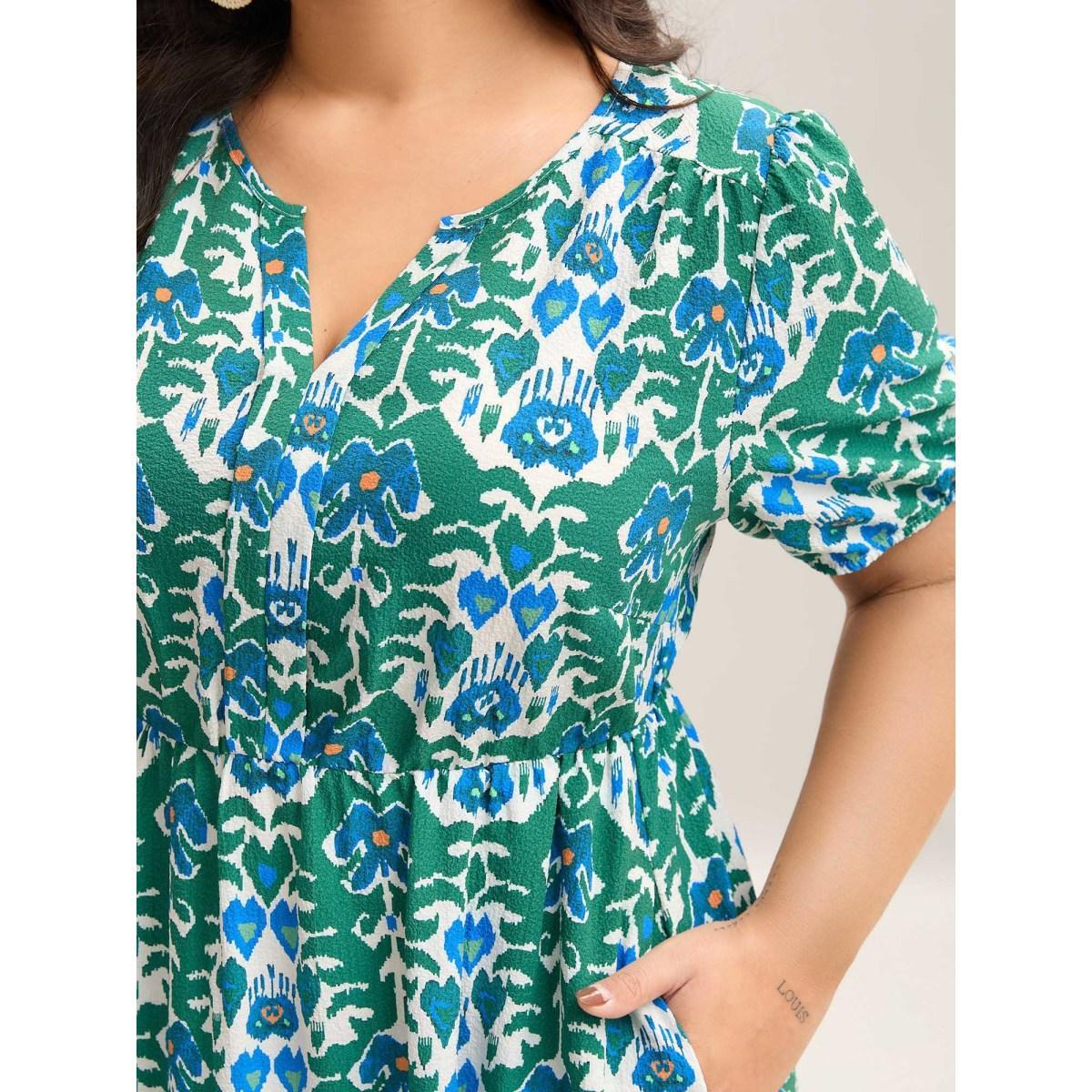 Plus Size Boho Pattern Stretchy Waist Pockets Midi Dress Teal Women Flat collar with V-notch Short sleeve Curvy BloomChic 10/M Product Image