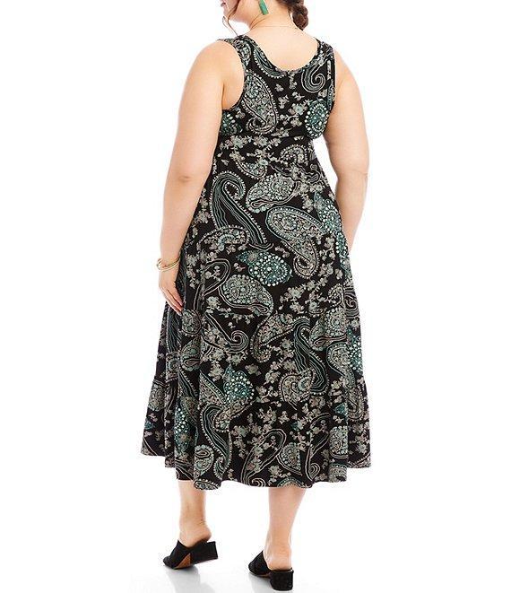 Karen Kane Plus Size Paisley Floral Print Scoop Neck Sleeveless Tiered Midi Dress Product Image