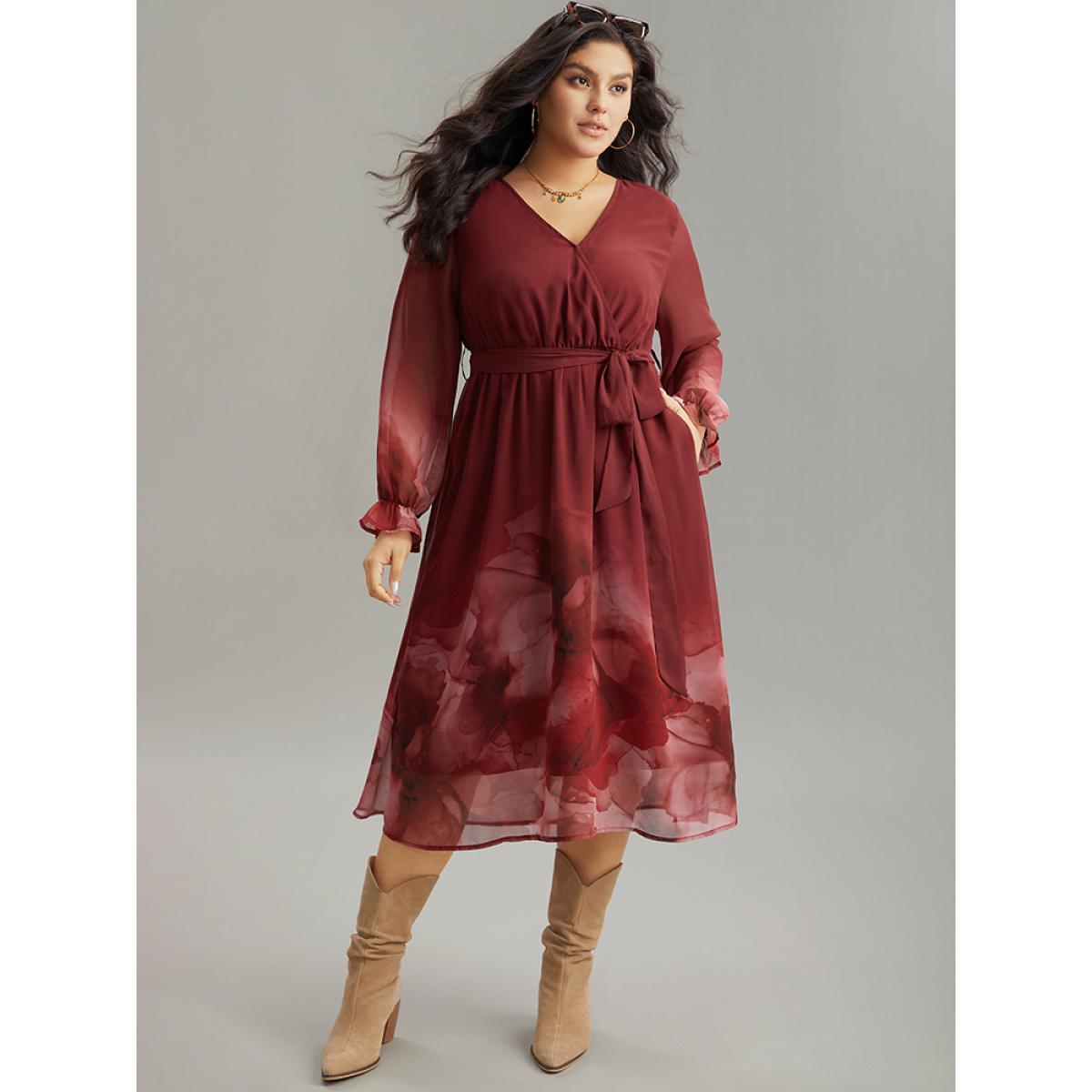 Plus Size Floral Mesh V Neck Belted Dress Scarlet Women Vacation Wrap Overlap Collar Long Sleeve Curvy Midi Dress BloomChic 26/4X Product Image