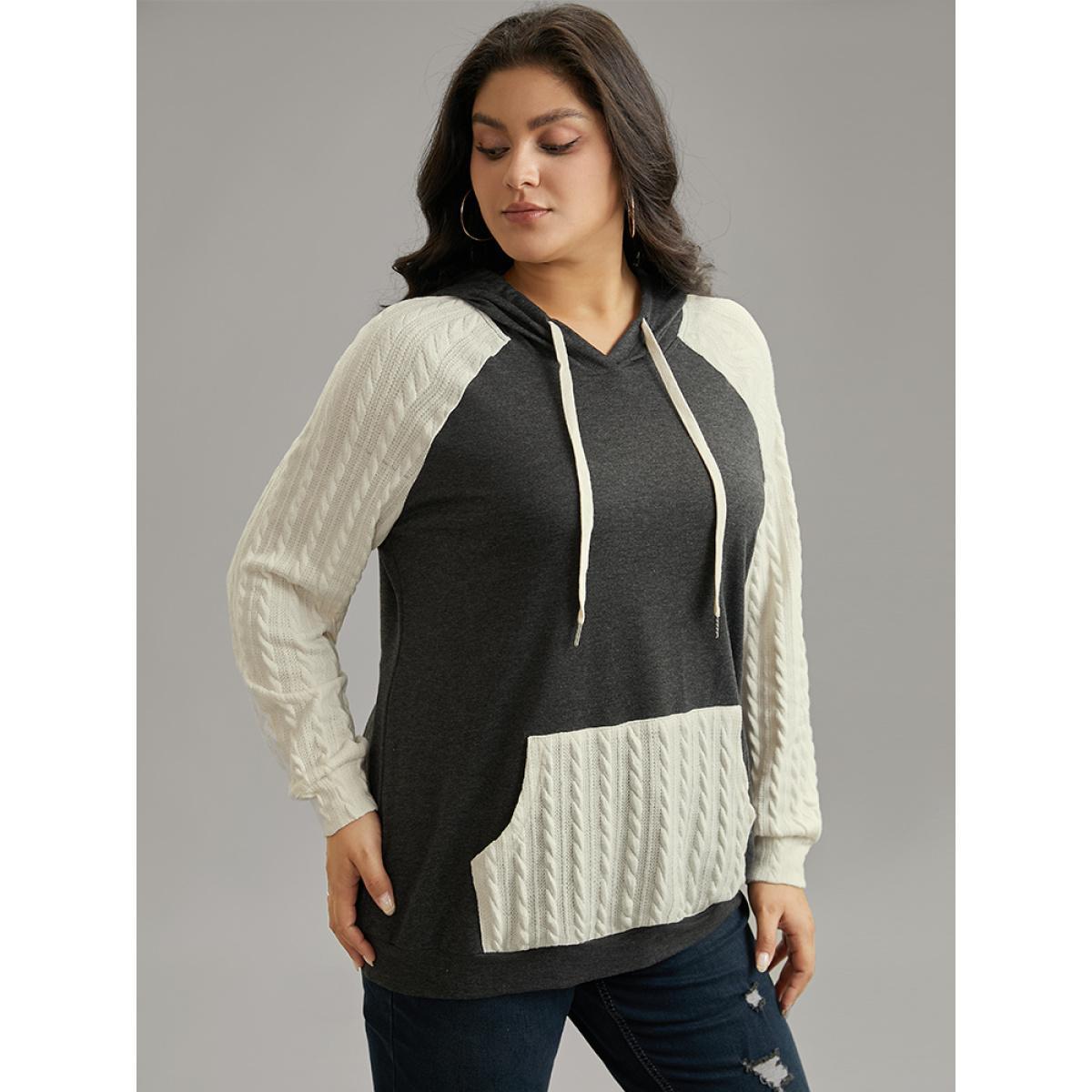 Plus Size Contrast Cable Knit Pocket Hooded Drawstring Sweatshirt Women Gray Casual Texture Hooded Everyday Sweatshirts BloomChic 22-24/3X Product Image