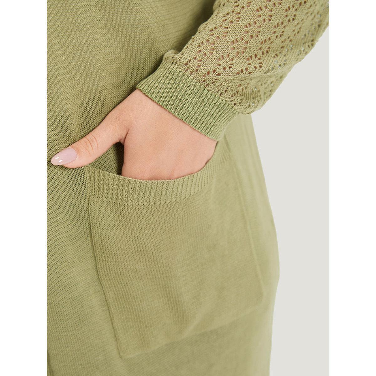 Plus Size Solid Patched Pocket Geometric Eyelet Raglan Sleeve Cardigan Olive Women Casual Loose Long Sleeve Dailywear Cardigans BloomChic 10/M Product Image