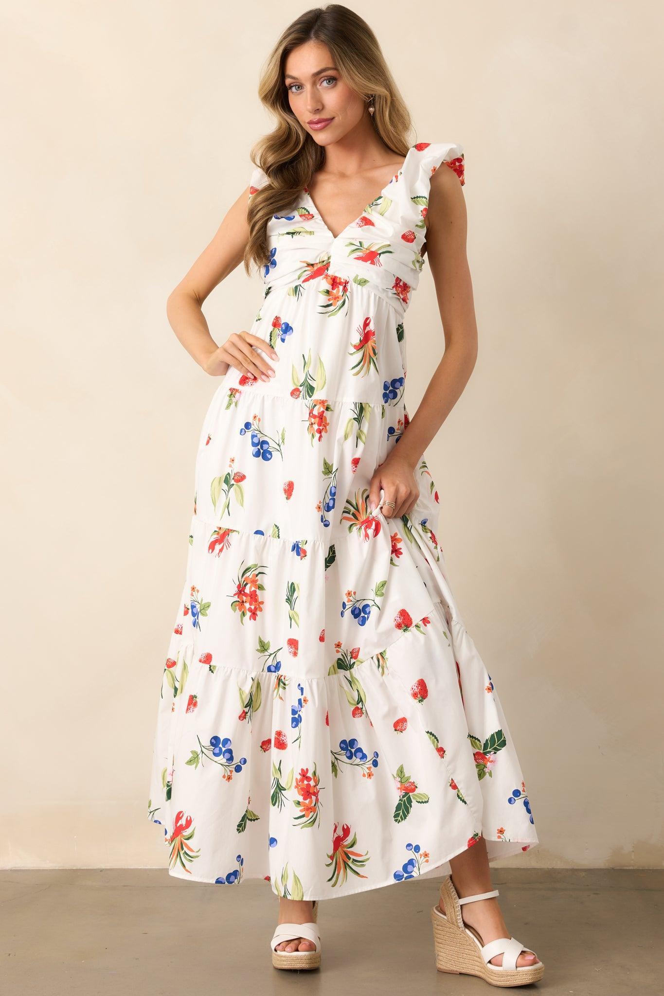 In The Breeze White Cotton Coastal Print Maxi Dress Product Image