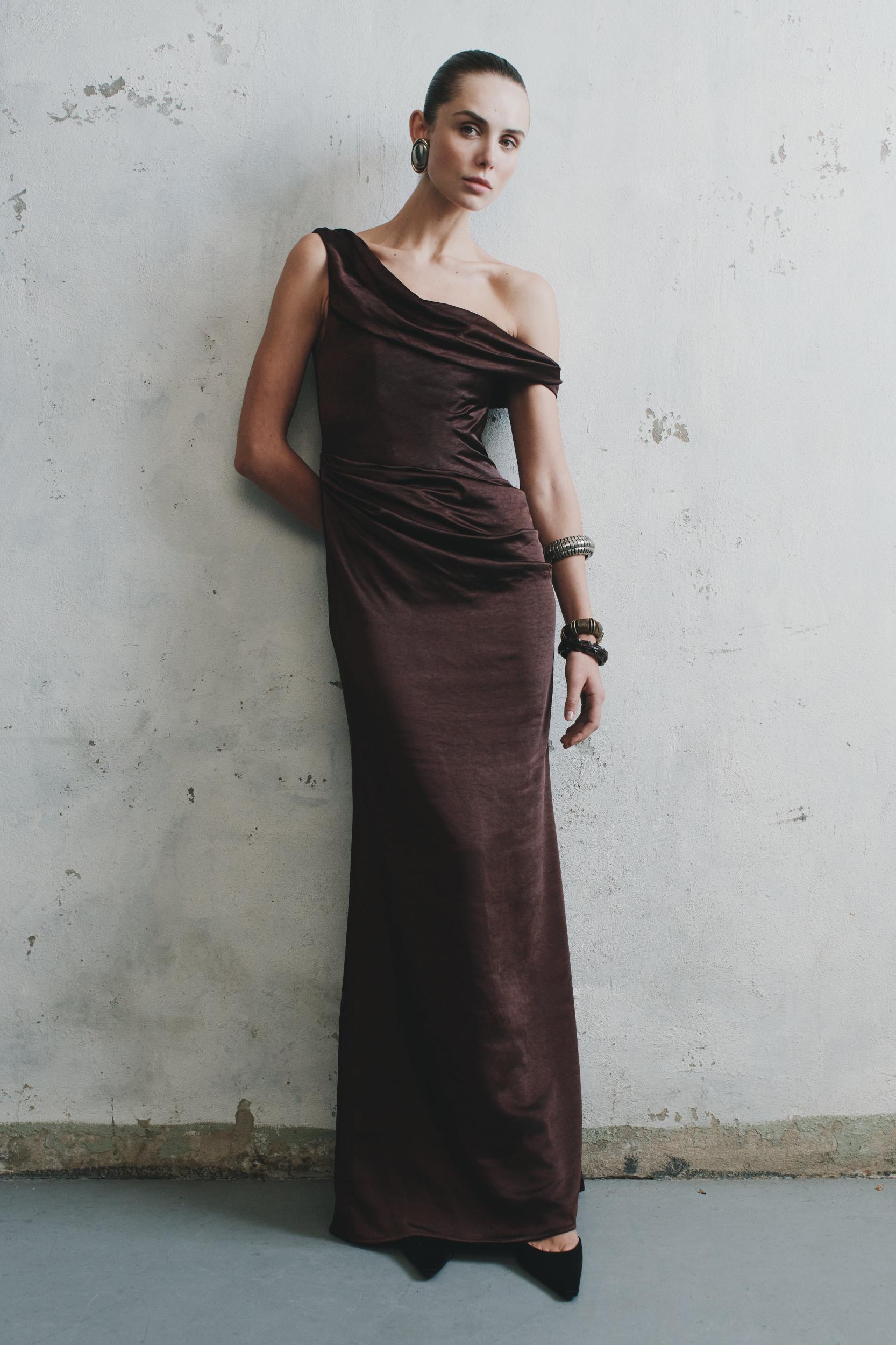 Dalia Off Shoulder Satin Maxi Dress - Dark Chocolate Product Image