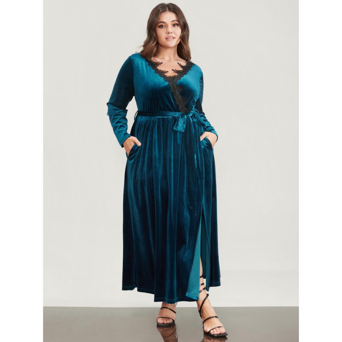 Plus Size Halloween Solid Wrap Lace Trim Pocket Belted Split Maxi Dress Aegean Women Party Patchwork V-neck Long Sleeve Curvy Long Dress BloomChic 30/6X Product Image