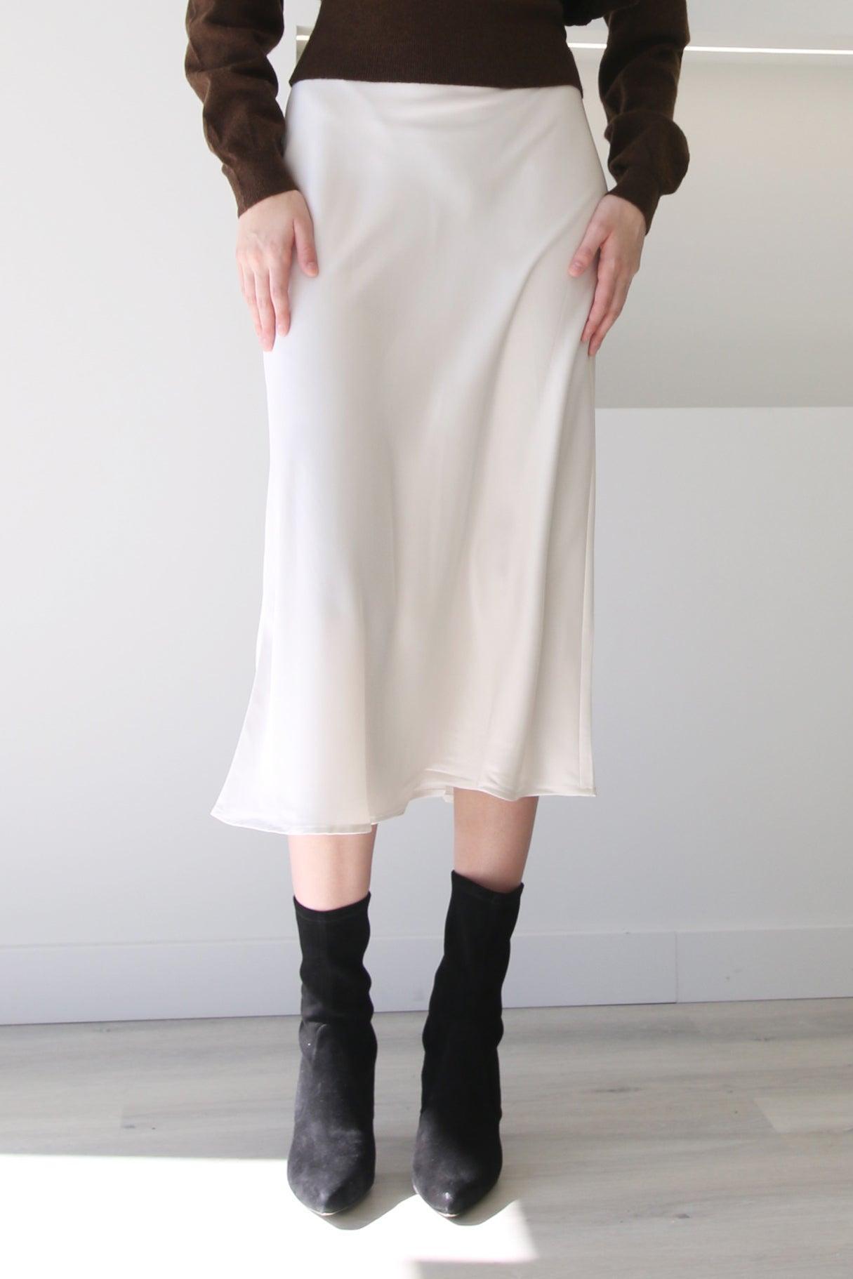 High Waist A-Line Midi Satin Skirt Ivory Product Image
