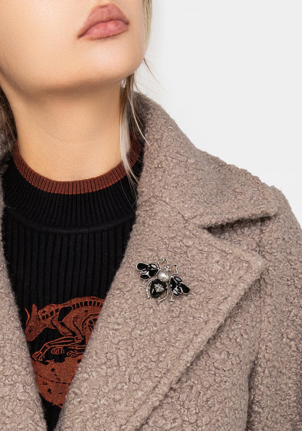 Gorgon Bouclé Longline Oversized Coat with Bee Brooch - Taupe Product Image