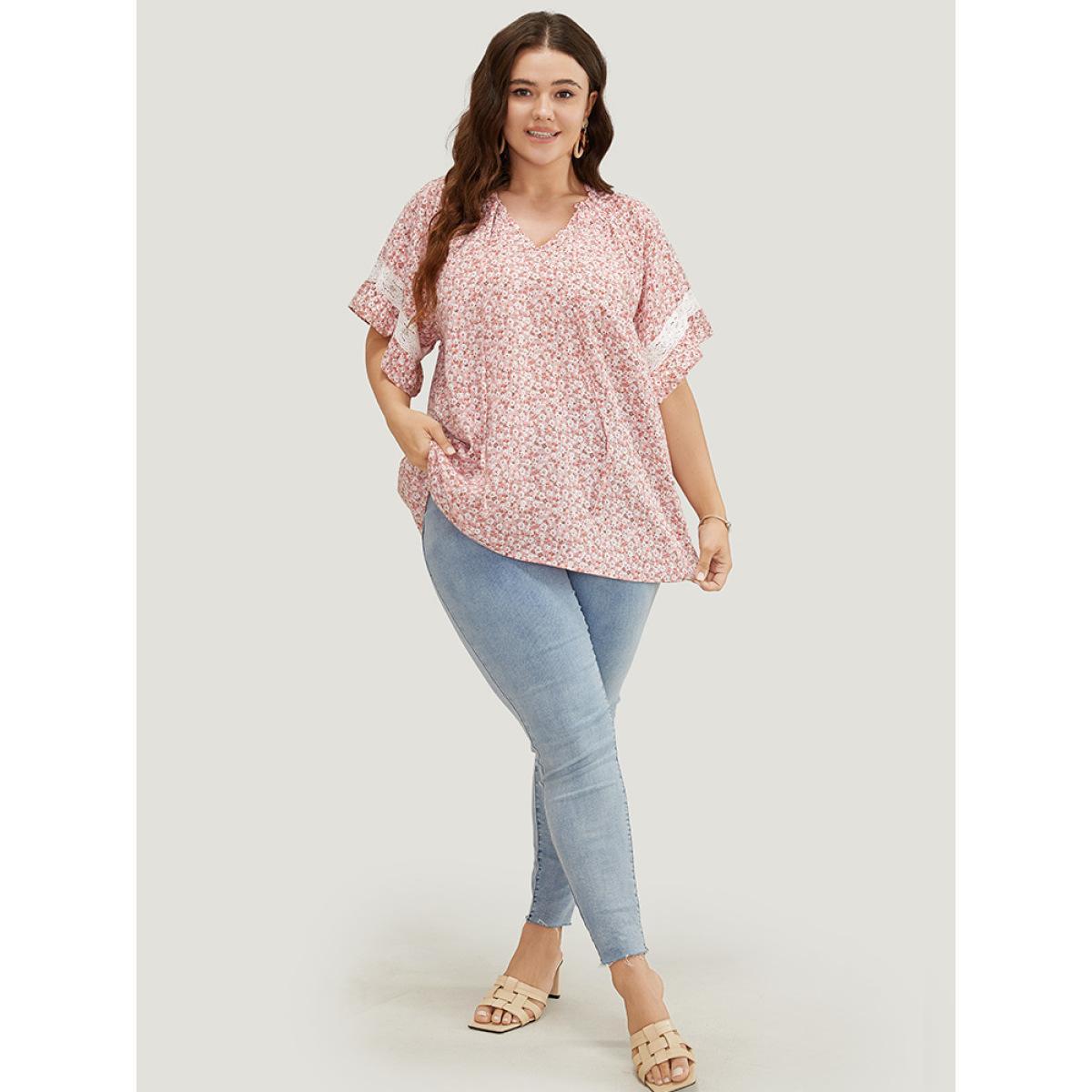 Plus Size Crepe Ditsy Floral Frill Trim Lace Ruffle Sleeve Tie Neck Blouse Women Elegant Short sleeve Tie Neck Dailywear Blouses BloomChic 12/L Product Image