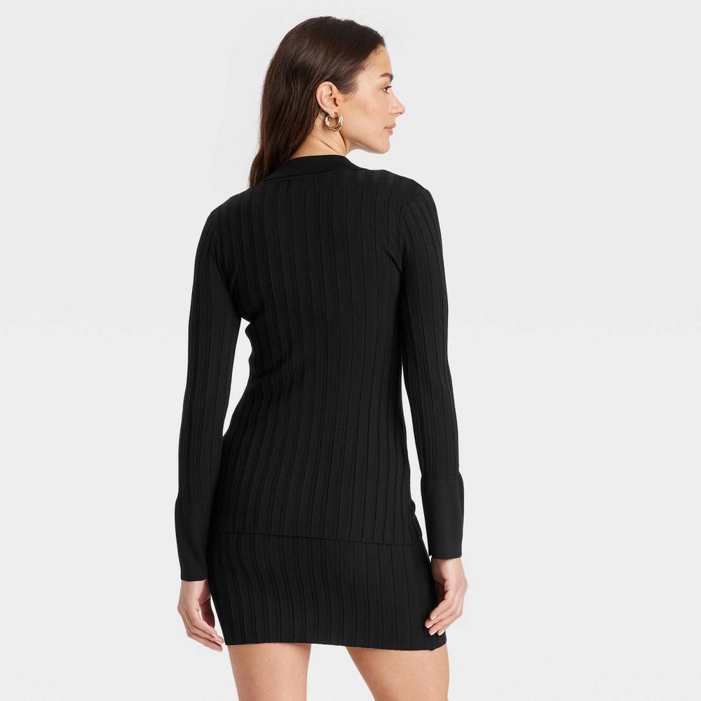 Womens Button-Down Cardigan - A New Day Black M: Viscose Blend, Ribbed Cuff & Hem, Polo Collar Product Image