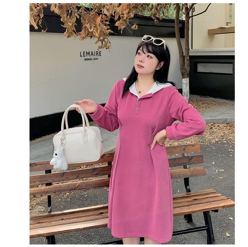 Plus Size Long-Sleeve Two Tone Lace Trim Hoodie Dress Product Image