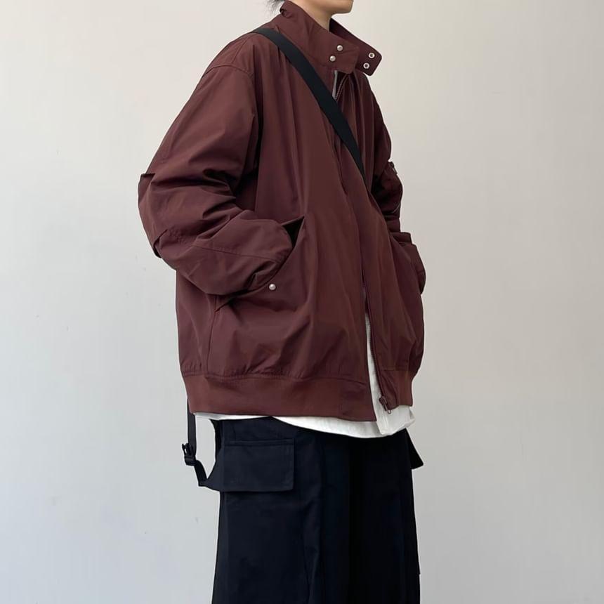 Stand Collar Plain Zip-Up Bomber Jacket Product Image